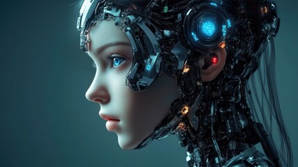 Poster - A futuristic cyborg with intricate mechanical features and expressive blue eyes.