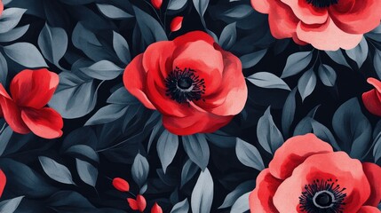 Wall Mural - Vibrant hand painted seamless floral patterns featuring red and rose flowers complemented by grey leaves on a soft black background Ideal for wallpaper packaging and textiles