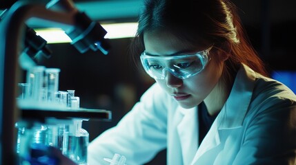 Poster - A focused scientist in a lab, analyzing samples with precision and care.