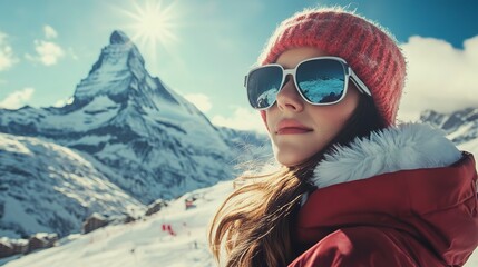 Young woman wearing sunglasses and ski equipment in ski resort on Matterhorn, winter holiday concept.