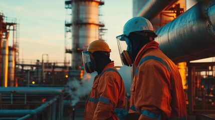 Two industrial workers wearing protective gear and respirators inspect a refinery site at sunset, ensuring safety procedures.