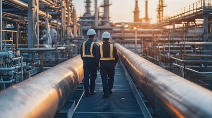 Two workers in safety gear walk along a large pipeline at an industrial refinery during sunset, performing inspections.