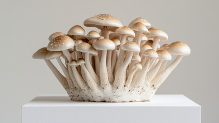 Poster - A side view of Shimeji mushrooms, beautifully arranged on a white surface, showcasing their elegant shapes and natural tones in a simple setting.