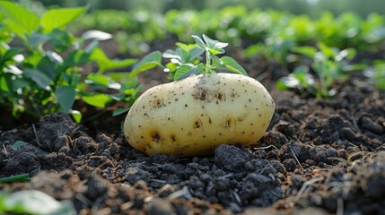 Wall Mural - A single potato lying on the dark soil in a fertile farmland, with young green seedlings emerging around it under the bright natural sunlight