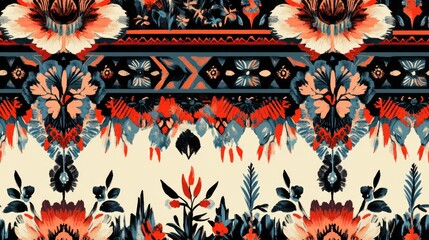 Sticker - Digital textile pattern featuring a geometric border ethnic style embellishments and botanical floral motifs