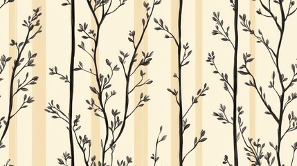 Wall Mural - Seamless vertical striped pattern featuring stylized branches hand drawn