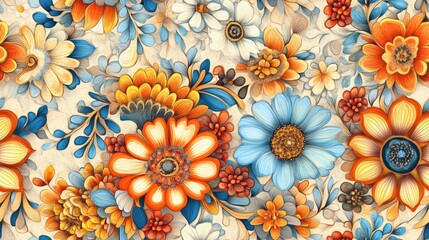 Wall Mural - Seamless floral background featuring a handcrafted ethnic fabric pattern with floral motifs Textile design texture with decorative colors