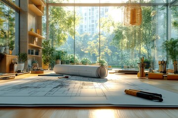 Detailed construction blueprints laid out on a table with tools, in a bright office with floor-to-ceiling windows