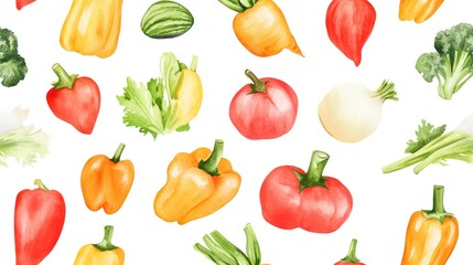 Wall Mural - Seamless Pattern of Hand Drawn Watercolor Vegetables Repeatable Design Featuring Healthy Foods Ideal for Vegan Menus Farmers Market or Advertising Backgrounds