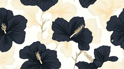 Sticker - Seamless pattern of hibiscus flowers in black and beige on a white background