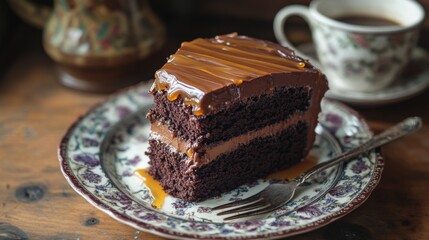 Poster - A slice of chocolate cake with rich frosting and a drizzle of caramel, set on a decorative plate with a fork and a cup of coffee.