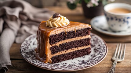 Poster - A slice of chocolate cake with rich frosting and a drizzle of caramel, set on a decorative plate with a fork and a cup of coffee.