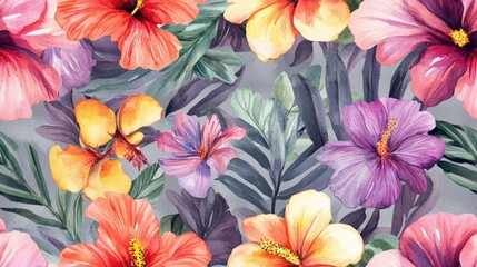 Wall Mural - Watercolor seamless pattern featuring vibrant tropical flowers Exotic patchwork design for fabric use Continuous background in lilac gray