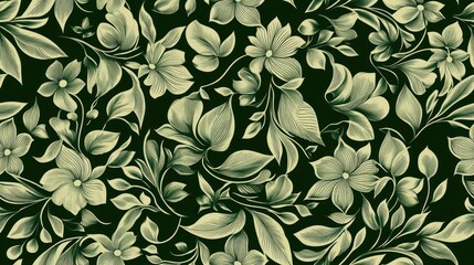 Abstract seamless green pattern featuring floral ornaments and stylized leaves in a vintage boho ethnic style