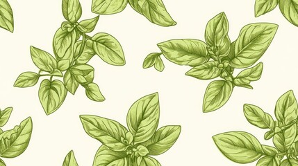 Wall Mural - Basil Seamless Pattern Featuring Italian Herbs and Hand Drawn Marjoram Illustration