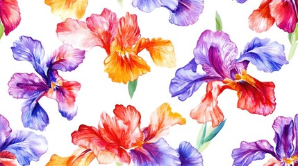 Sticker - Seamless watercolor pattern featuring vibrant Iris flowers on a white background