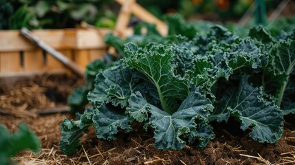 Wall Mural - Close-Up of Lush Green Kale Plants in a Garden