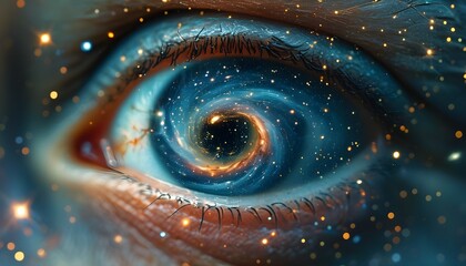 Wall Mural - Cosmic Reflections: A Macro View of a Human Eye Capturing the Universes Wonders with Stars and Swirling Galaxies