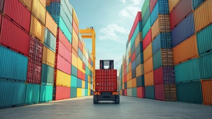 Using a background of colorful container boxes and copy space, a container carrier forklift is loading containers onto a truck at the dock. Import-export logistics transportation industry concept for 