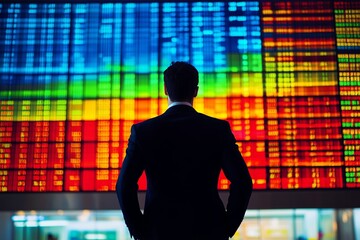 Poster - professional individual analyzes market trends in a financial district during early evening, illumin