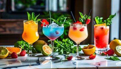 Wall Mural - Exquisite array of colorful cocktails adorned with fresh herbs and fruits on a chic marble surface