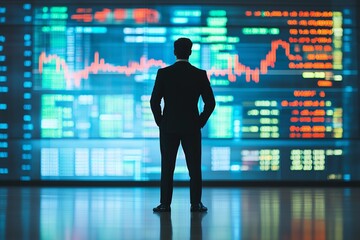 Poster - Business professional reviewing market trends on a digital display in a modern financial office during daytime