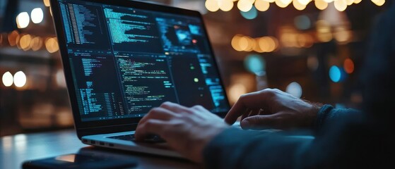 Poster - A person coding on a laptop in a dimly lit environment with blurred lights in the background.