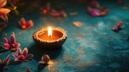 Diwali Lights with oil lamp decorated with copy space for Happy Diwali background concept.