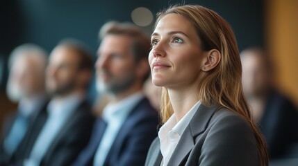 A group of business people at a conference or meeting, sitting in arow and listening to a presentation. Highlighting the focus and engagement of attendees.