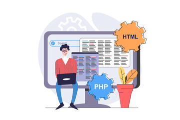 Aufkleber - Programmers concept in modern flat design for web. Man developer working with code at laptop and computer screen, creating programs, engineering software and new products. Illustration.