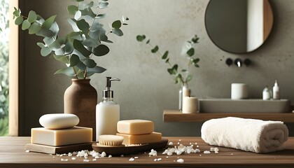 Wall Mural - Tranquil bathroom oasis with natural elements featuring soap, towel, and eucalyptus for a rejuvenating self-care experience