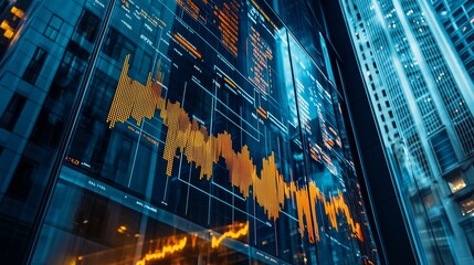 Poster - Digital data analytics display showcasing stock market trends in an urban financial district during evening hours