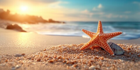 A picturesque view of a sunlit beach featuring a close-up of a starfish resting on the sandy shore with gentle waves and a beautiful sunset sky in the background