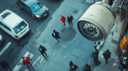 Poster - A surveillance camera overlooks a busy street filled with pedestrians and vehicles.