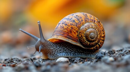 A brown garden snail crawls on the ground, leaving a silvery trail behind it.