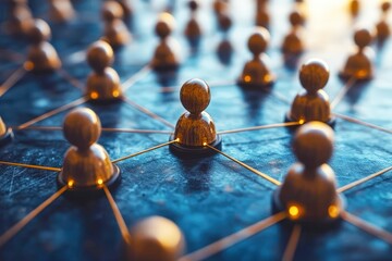 Golden Network of Connections: Wooden figures intricately linked by golden threads on a reflective surface, symbolizing the power of collaboration and interconnectedness in a modern digital world.