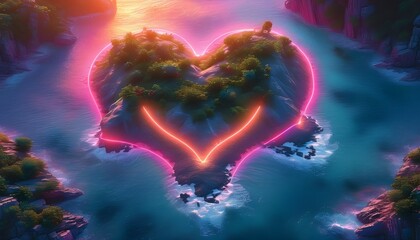 Wall Mural - Mysterious heart-shaped island adorned with pastel neon hues at sunset, showcasing natures enchanting beauty from above