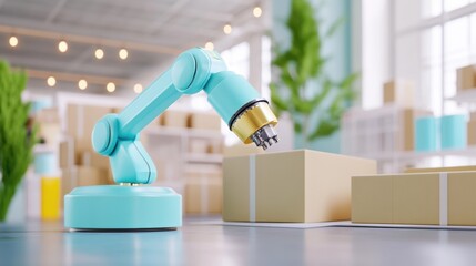 Poster - Vibrant Robotic Arm in Modern Warehouse Setting