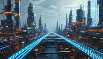 Wall Mural - Futuristic industrial landscape featuring glowing blue lines, intricate machinery, and advanced technology establishing a vibrant cybernetic atmosphere