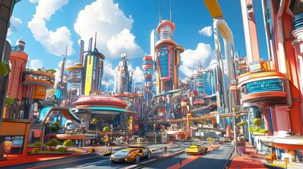 Poster - A high-tech 3D cartoon city with sleek buildings, automated transportation, and vibrant streets filled with happy, animated characters