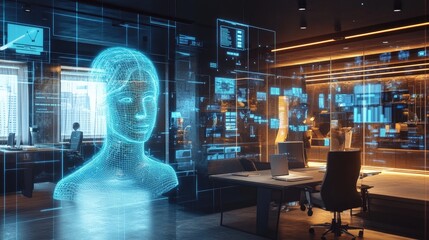 Poster - A holographic projection of a virtual assistant, responding to voice commands in a smart office space.