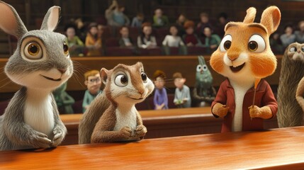 Poster - A panel of 3D cartoon animal judges, including a squirrel, owl, and beaver, watching the race between the tortoise and the hare.