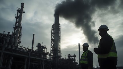 Two workers stand in silhouette against a large industrial factory with plumes of smoke billowing from a tall smokestack.