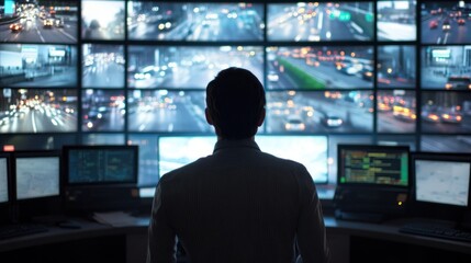 Poster - A person monitors multiple screens displaying traffic in a control room.