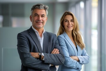 Portrait of a business man and woman smiling in modern office, standing together.