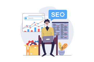 Poster - SEO optimization concept in modern flat design for web. Man analyzing engine search data and improving internet page traffic, making settings and working with analytics report. Illustration.