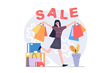 Aufkleber - Shopping concept in modern flat design for web. Woman with lot of bags doing purchases at boutiques or stores, ordering products with bargain price offers in seasonal sales. Illustration.