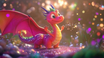 Poster - A playful 3D cartoon dragon chasing its own tail, surrounded by sparkles and magical elements, in a vibrant, fantasy-inspired animated scene