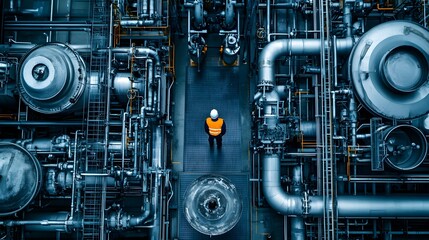 A lone worker in safety gear stands on a platform in a large industrial plant, surrounded by complex machinery and pipes.