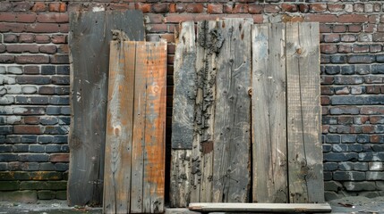 Canvas Print - Weathered Wood Boards Against a Brick Wall